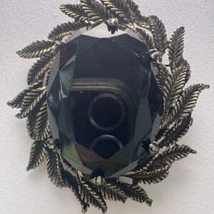 Vintage Brooch Black Facetted Glass Large Silver Tone